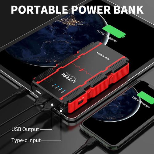 Arrancador Portátil Para Coche, 1000 A Pico 13800 Mah Baterí
