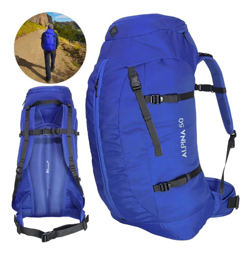 Mochila Grande Viagem Trilha Camping Alpina 50 Litros Azul