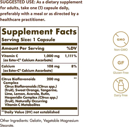 Solgar Ester-c Plus 1000 Mg De Vitamina C Con Bioflavonoides Cítricos - 100 Cápsulas - Suave Y No Ácido