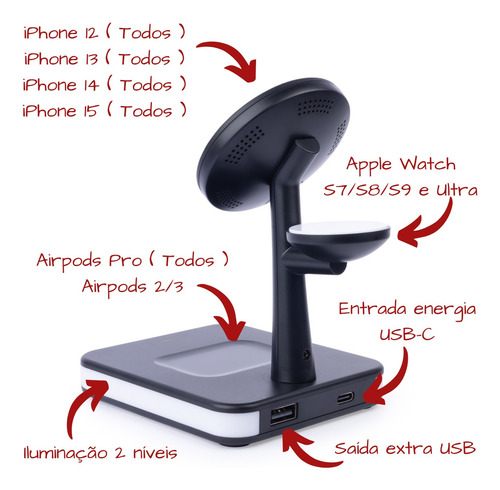 Carregador De Mesa Com Fonte 3 Em 1 Sem Fio Para iPhone