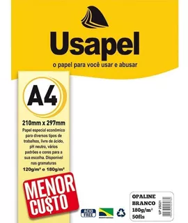 Papel Opaline Usapel A4 180g Branco - Pt C/ 50