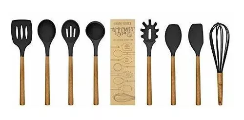 Country Kitchen Utensilios de cocina de silicona, juego de utensilios de  cocina de 8 piezas, utensilios de cocina de madera fáciles de limpiar