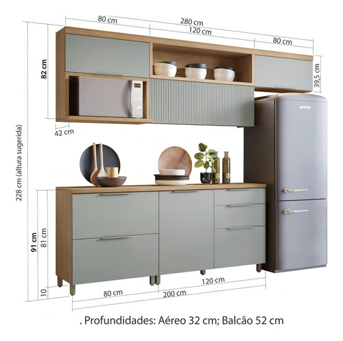 Cozinha Modulada Marquesa Ripada Mdf 5 Peças Nature Verde