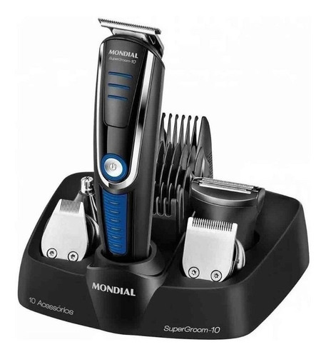 Kit Barbeador Aparador Mondial Multi Groom 10 Em 1 Branco Cor Preto/Azul 110V/220V