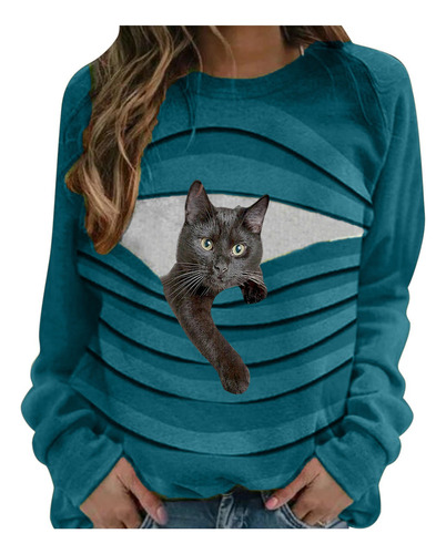 Playera Suelta Con Cuello En O Con Estampado De Gato De Man