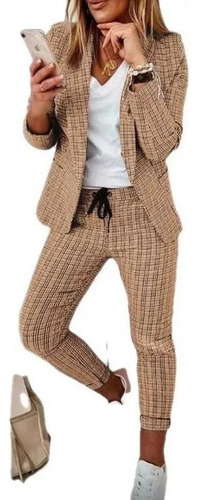 Conjunto De Pantalones Largos Estampado Cuadros Blazer Mujer