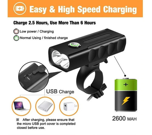 Imagen 4 de 8 de Lámpara Led Bicicleta Recargable Impermeabl