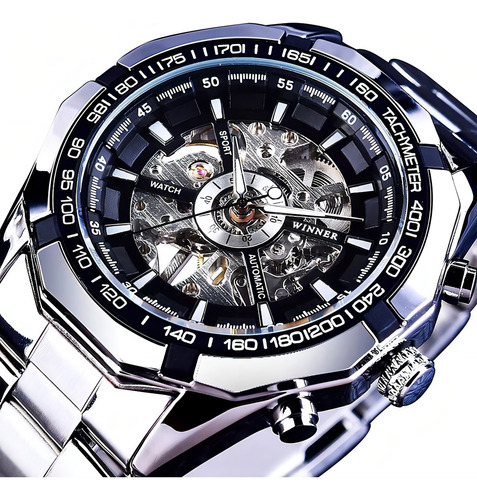 Relógio mecânico Winner com pulseira de aço inoxidável para homens Relógio Masculino vencedor esqueleto Prateado - Elegância e Sofisticação