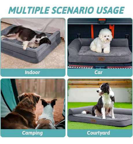 Cama De Espuma Con Memoria Para Perros Grandes 101x81 Cm Con Almohadones Removibles Y Funda Lavable, Para Perros De Hasta 95 Libras - Dos Tonos De Felpa De Piel Sintética Y Gamuza En Forma De L - Gris