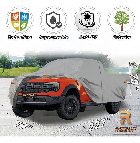 Rizzup® 6.0m Funda Para Pickup 100% Impermeable Cubiertas Para Autos Coche Protector Automovil Vehiculos Accesorios Gris Oscuro 4 Tiras Reflectantes Incluye Cremallera Lateral