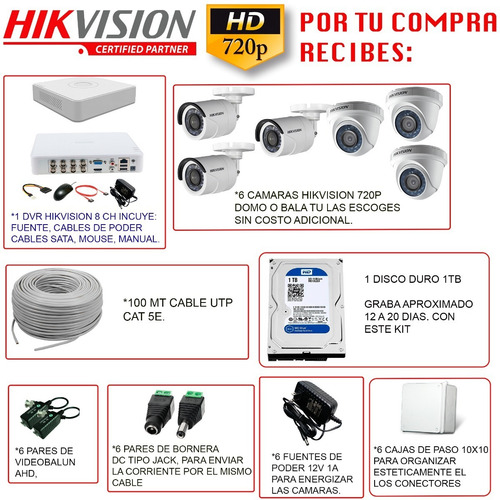 Imagen 4 de 10 de Cctv Hikvision Kit Dvr 8 Ch + 6 Cám+ Disco Duro 1t + Todo