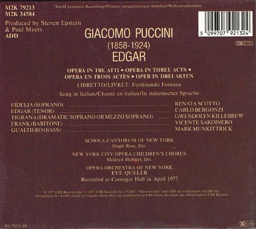 Puccini - Edgar - Scotto Bergonzi Queler - 2 Cds.