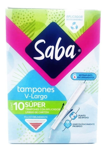 Tampones Saba Largo Súper Con Aplicador De Cartón 10 Pz