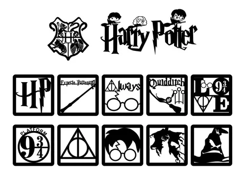 10 Quadros Harry Potter + 20 Feitiços + Placa Harry