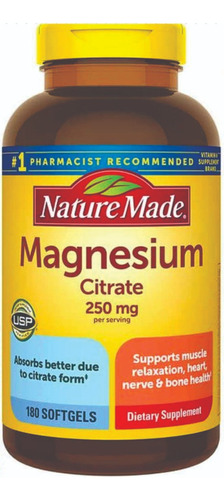 Citrato De Magnesio 250mg Nature Made 180 Sg Magnesium Citra Sabor Neutro