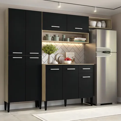 COZINHA COMPACTA ARIZONA GLAM COM ARMÁRIO E BALCÃO CARRARO COR CARVALHO PRETO