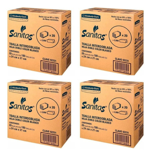 Toalla Interdoblada Sanita Kimberly 4 Cajas C/20 Paq 100 Hjs