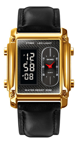Reloj Skmei Rectangular Piel Genuina Tres Hrs Configurables Correa Negro Bisel Dorado