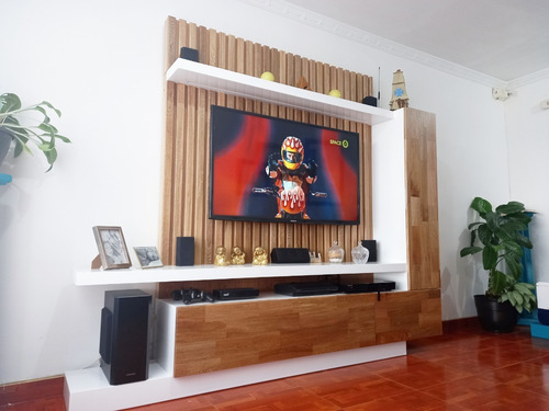 Imagen 3 de 7 de Mueble Tv Oculta Cables Blanco Y Madera Roble Ref Mural44