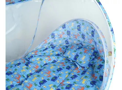 Berço Cercadinho Para Bebe Portátil Azul Menino Com Mosqueteiro E