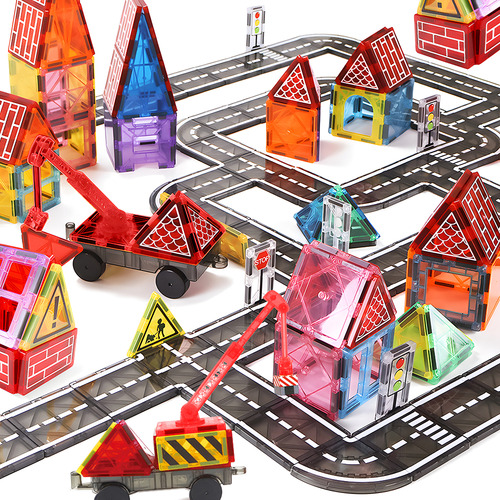 Bloques Magnéticos Juguetes Construcción para Comunitaria Ciudad, 42 Pzs 3D Juego de Imanes con Grúa Extensible, Coche, Semáforo, Stem Bloques Educativos Regalo de Navidad Niños Niñas 3+