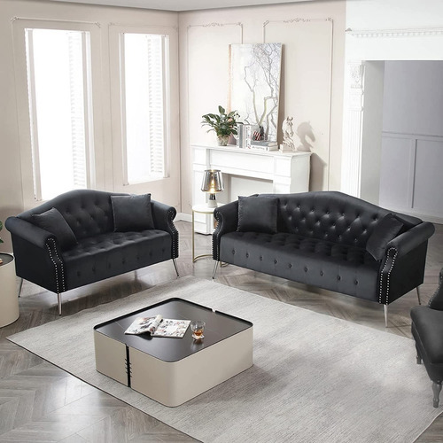 Juego De 2 Sofas Modernos Biplaza Color Negro Marca Homtique
