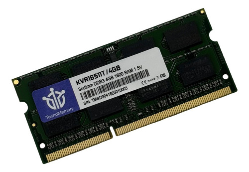 Memoria Ram Tecnomemory Sodimm Ddr3 4gb 1600 Kvr16s11t/4gb