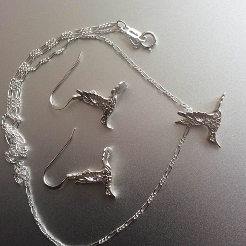 Imagen 5 de 10 de Juego De Cadena Aretes Dije De Colibrí Plata Ley 925 Solida