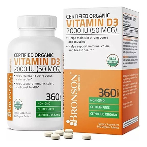 Suplemento De Vitamina D3 2000 Iu Bronson 360 Tabletas 