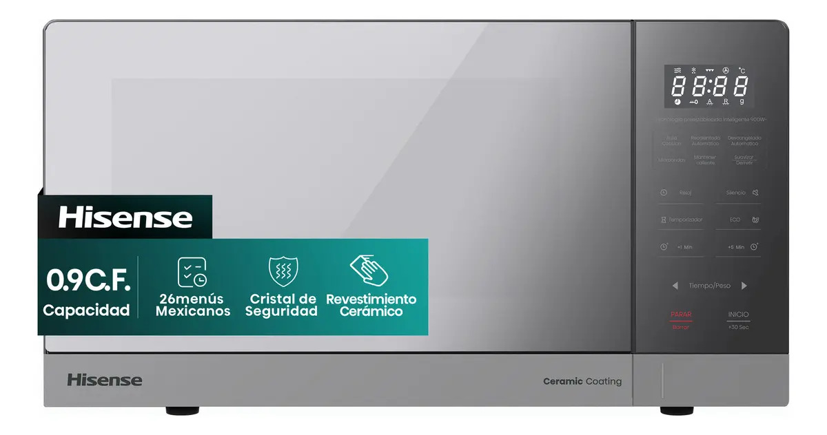 Hisense 0.9 C.F. Microondas, 26menús mexicanos preestablecidos, Cristal De Seguridad, Revestimiento Cerámico, ECO y Mute, 10 Niveles De Potencia, Función De Descongelación, Espejo Plateado, HMMS2509SP