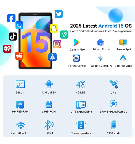 Tableta Android 15 De 8 Pulgadas Con Ranura Sim, 4g Lte Octa