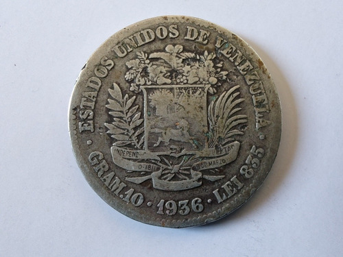 Moneda Venezuela 2 Bolivares 1936 Plata 0 835 (x748