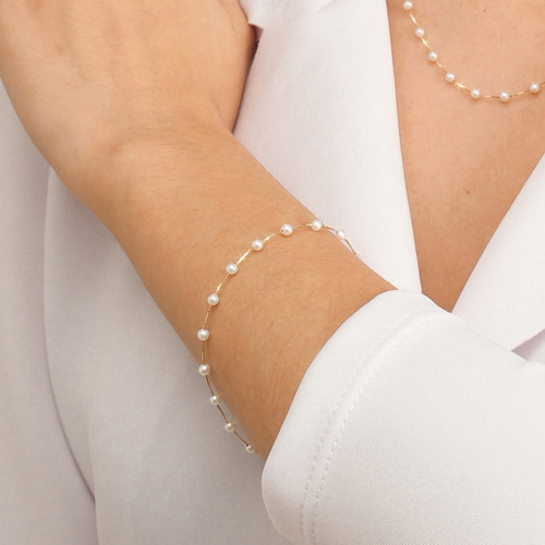 Pulseira Feminina Ouro 18k 750 Pérolas Com Berloques 19cm