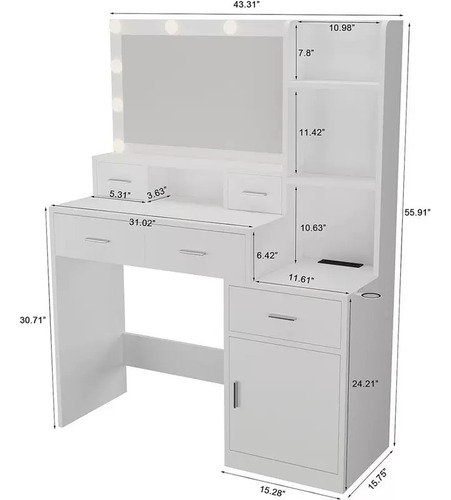 Tocador De Maquillaje Moderno Con Espejo Led Y Portasecadora Blanco