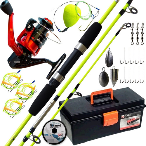 Combo Equipo Pesca Variada Caña 2.10m Reel Caja Accesorios++