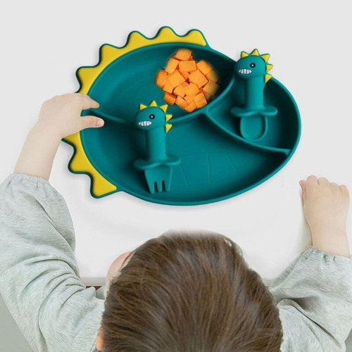 Imagen 2 de 7 de Set Plato De Silicona Dinosaurio Para Bebé Niños + Cubierto