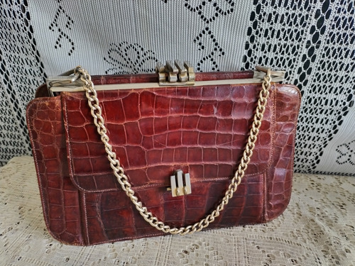 Fina Cartera Antigua Art Deco Cuero Cocodrilo Muy Buen Estad