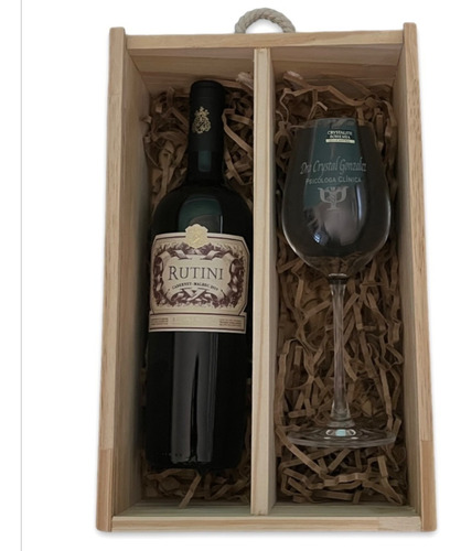 Caja Madera Vino Copa Cristal Bohemia Grabado Personalizada