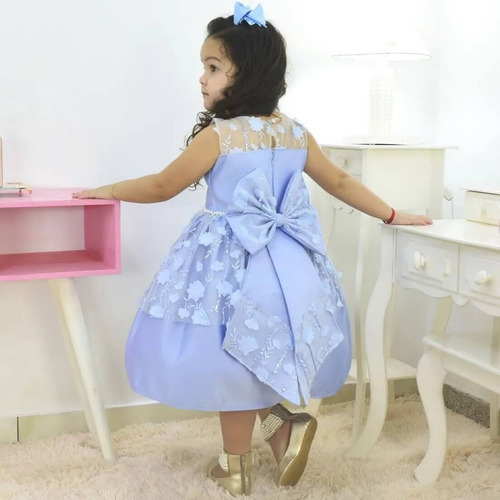 Kit Vestido Azul Serenity Tule + Saia Filó + Laço Cabelo