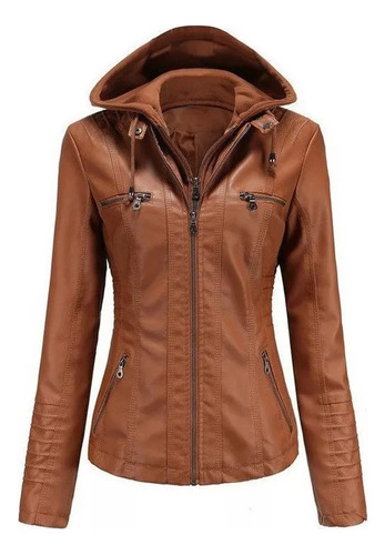 Chaqueta De Cuero Con Capucha Para Mujer Talla Grande