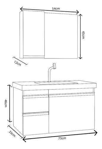Kit Gabinete King Com Espelho P/ Banheiro 73cm Com Pia