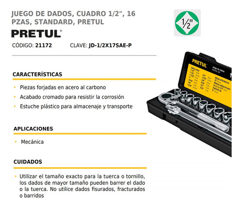 Juego De Dados Llaves Herramientas 16 Piezas Pretul 1/2 PuLG