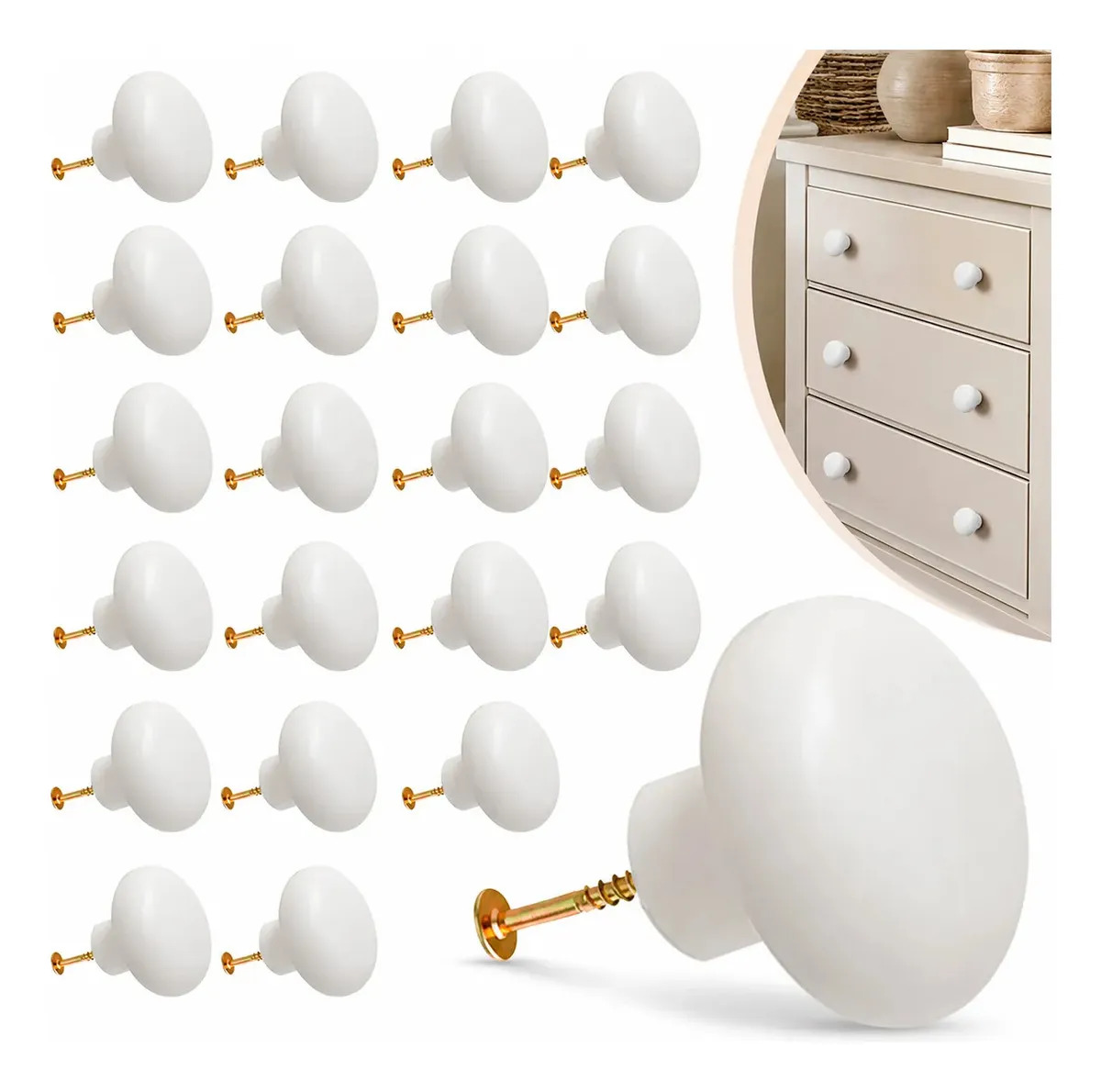 Arminini Kit 24 Puxadores Para Móveis Porta Gaveta Armário Guarda Roupa Gabinete Ponto Redondo 35mm Branco