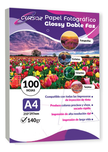 Papel Fotográfico Doble Faz Glossy Cursor A4 140 Gr 100 Hjs