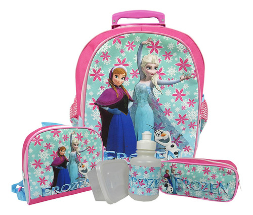 Kit Mochila Escolar Infantil Rodinhas M Frozen F1 Cor Rosa