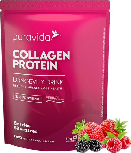 Suplemento em pó Pura Vida  Premium Collagen Protein colágeno Collagen Protein sabor  berries silvestres em sachê de 450mL