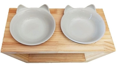 Imagem 4 de 7 de Comedouro Duplo Base Madeira Gato Tigela Porcelana 320ml