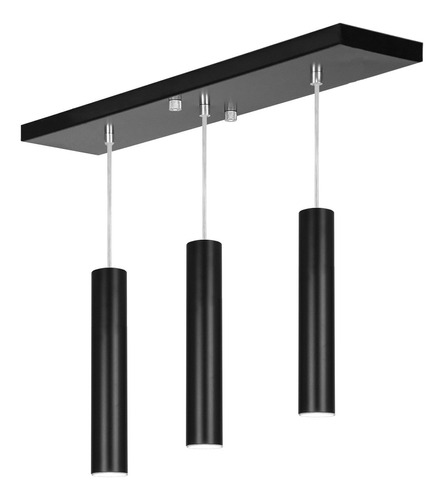 Pendente Triplo Tubo Cilindro Preto 40cm + Led 6k