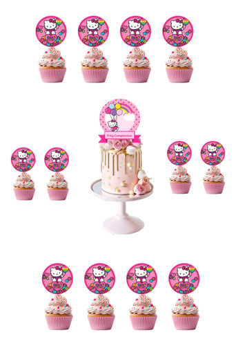 Pack Topper De Torta Y 12 Topper Cup Cake Kitty