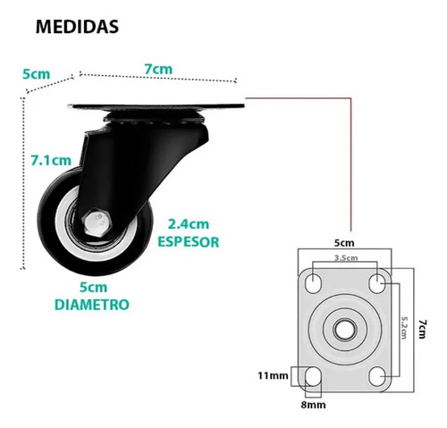 4 Ruedas Reforzada Giratorias 50mm Ruedita Ruleman 2 C/freno
